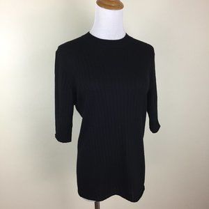 THAKOON Black 100% Extra Fine Merino Wool Ribbed Soft Knit Short Sleeve Sweater
